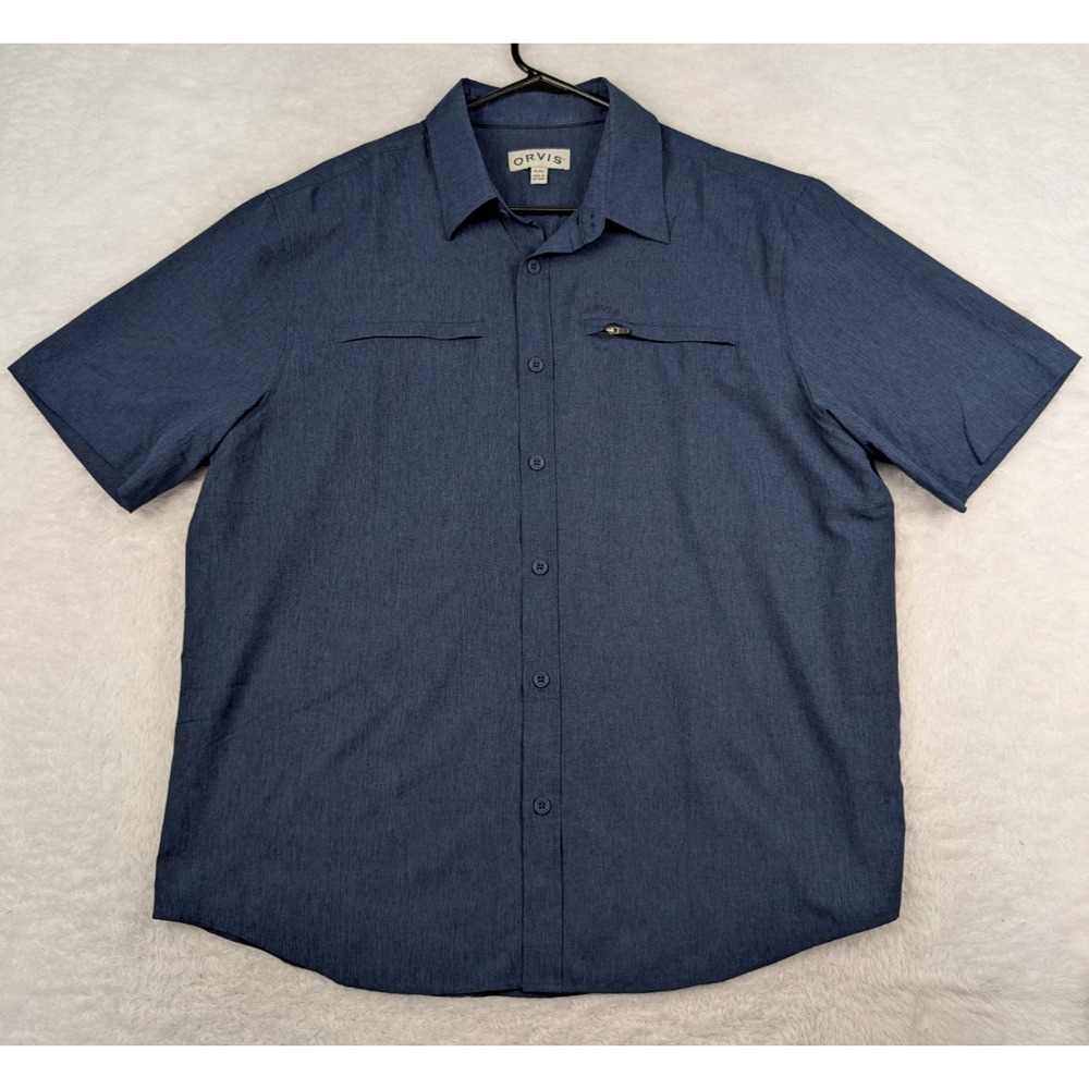 Orvis Short Sleeve Performance Shirt Size XL Blue Button Down Zip Chest Pockets